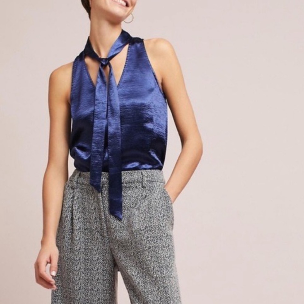 Anthropologie Navy Satin Tie-Neck Sleeveless Blouse